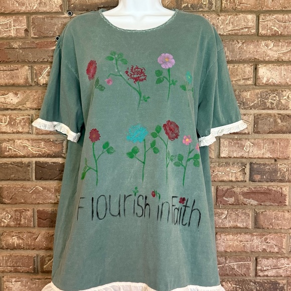 Upcycled “Flourish in Faith” Hand Painted T-Shirt with Eyelet Trim - Picture 2 of 8